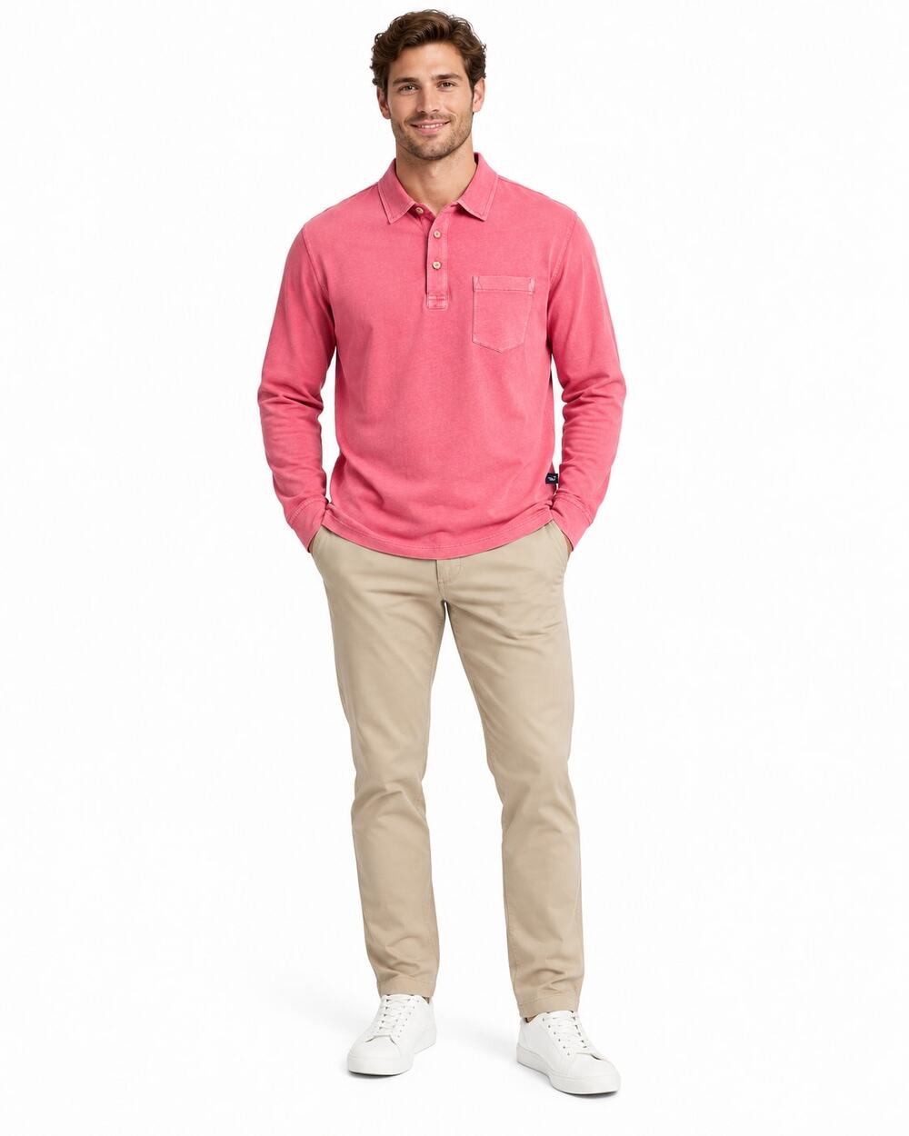 Vineyard Vines Men's L Coral Pink Long Sleeve Polo Shirt Cotton Pocket Whale